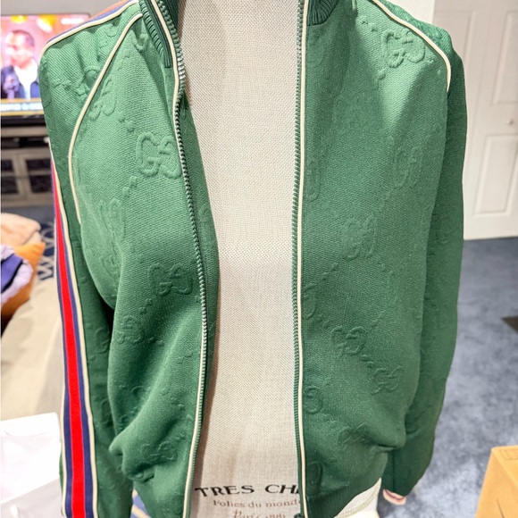 Gucci Green Bomber Jacket with Red and Blue Stripes ( new with tags )